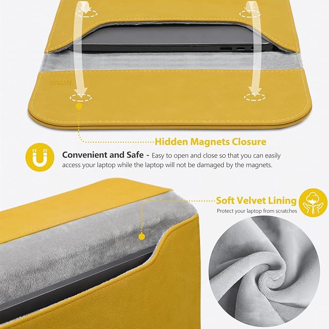 HYZUO 15-16 Inch Laptop Sleeve for MacBook Pro 16 M5/M4/M3/M2/M1 Pro/Max A3428 A3429 A3403 A3186 2026-2019, MacBook Pro 15 2015-2012, XPS 15, Faux Suede Leather Case with Accessory Bag, OliveYellow