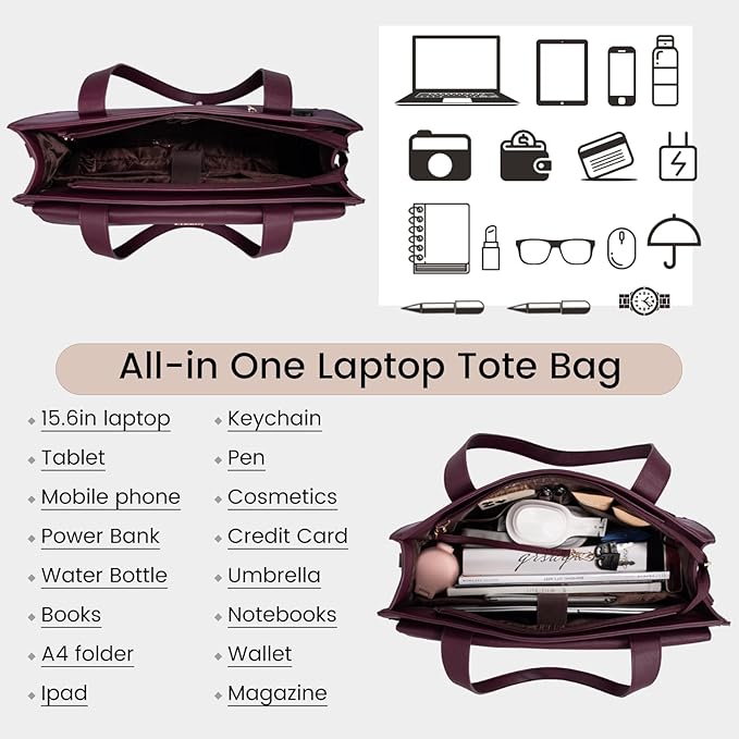 LOVEVOOK Laptop Tote for Women - 15.6 Inch Professional Leather Computer Briefcase, Waterproof Shoulder Bag, Large Capacity Business Teacher Office Bag, Crossbody Purse - Fuchsia
