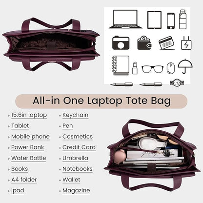 LOVEVOOK Laptop Tote for Women - 15.6 Inch Professional Leather Computer Briefcase, Waterproof Shoulder Bag, Large Capacity Business Teacher Office Bag, Crossbody Purse - Fuchsia