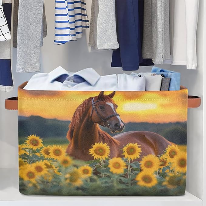 Animal Horse Sunflower Square Storage Basket Bin Canvas Fabric Compressible Organizer Basket with Handle for Bedroom Nursery Office, 1PCS