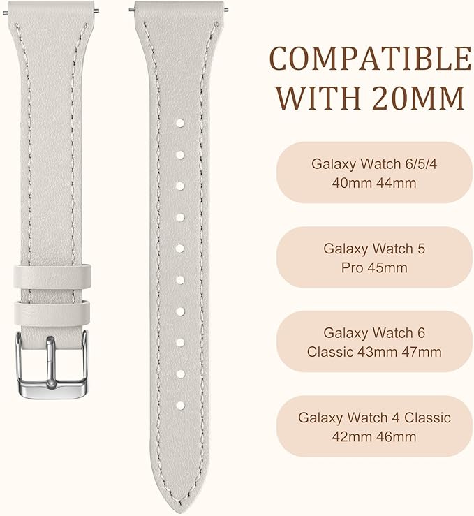 GEAK Slim Leather Band Compatible with Galaxy Watch 7 Band/6 5 4 FE 40mm 44mm/5 pro 45mm/Classic/Galaxy Active 2, 20mm Genuine Leather Strap with Quick Release Buckle for Samsung Watch Bands Women