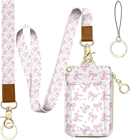 bolimoss Pink Bow Lanyard Wallet, Cute ID Badge Holder with Breakaway Neck & Wristlet Keychain Lanyards, Pu Leather Multiple Zip Id Case Wallet for Women Office Teacher Student Workers