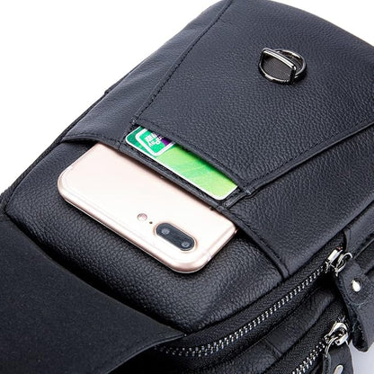 Hebetag Leather Sling Bag Crossbody Backpack for Men Women Outdoor Travel Work Shoulder Chest Pouch Camping Casual Daypack Black 18cm(W) x8cm(D) x30cm(H)(7.08"x3.14"x11.81") approx;