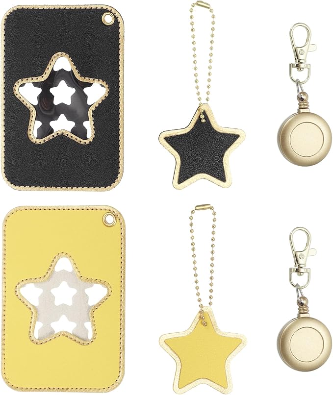 PATIKIL Retractable Badge Holders, 2 Pcs Cute Leather ID Holder with Badge Reels Keychain ID Card Clip Protector Cover for Women Work Office Business Trip, Black/Yellow