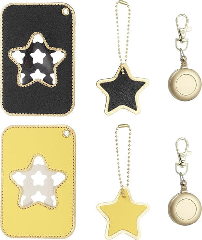 PATIKIL Retractable Badge Holders, 2 Pcs Cute Leather ID Holder with Badge Reels Keychain ID Card Clip Protector Cover for Women Work Office Business Trip, Black/Yellow