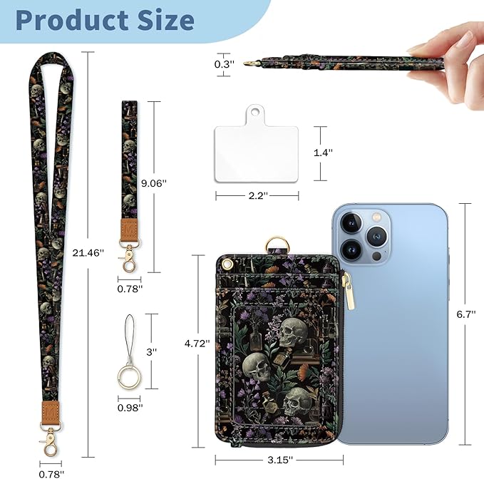 Lanyard Wallet with Id Badge Holder, Goth Skull RFID Small Keychain Wallet Women Wristlet, Book Zipper Credit Card Holder Phone Wrist Neck Strap for Key Name Tag, Teacher Student Office Gifts