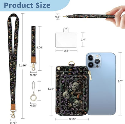 Lanyard Wallet with Id Badge Holder, Goth Skull RFID Small Keychain Wallet Women Wristlet, Book Zipper Credit Card Holder Phone Wrist Neck Strap for Key Name Tag, Teacher Student Office Gifts