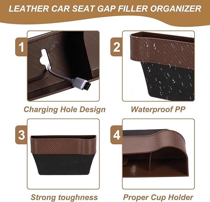 HARFINGTON 2pcs Car Seat Gap Filler Organizer 10.2 x 6.5 x 2.8 Inch PP Universal Car Organizer Storage Box Between Seat and Console (Left+Right) with Cup Holders for Phone Sunglasses, Brown