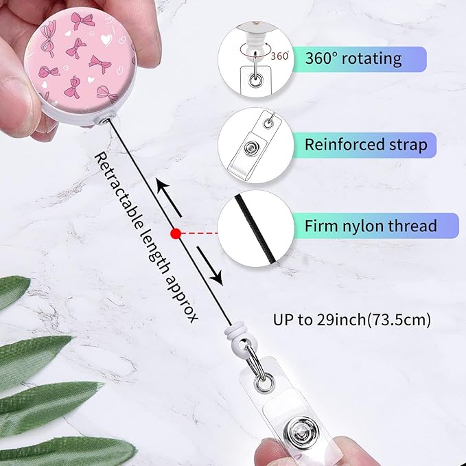 2 Pack Badge Reels Holder Retractable with ID Clip for Nurse Name Tag Card Nursing for Doctor Teacher Student Employee Office Medical Work (Pink Bows and Hearts)