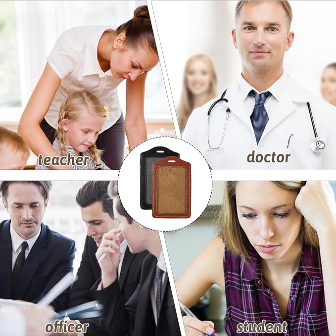 2 Pack Vertical Leather ID Badge Holder, Double-Sided Clear Window Card Protector Pouch, Waterproof Name Badge Holder for Office Staff Students School ID Credit Cards, Black Brown
