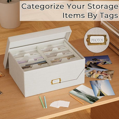 Decorative Photo Storage Box - Linen Photo Box Organizer with Dividers, Fits Holds Up to 1700 Pictures and 5x7 Photos, Memory Keepsake Organizer for Photos, Scrapbook Supplies, Cards, Stamps (Beige)