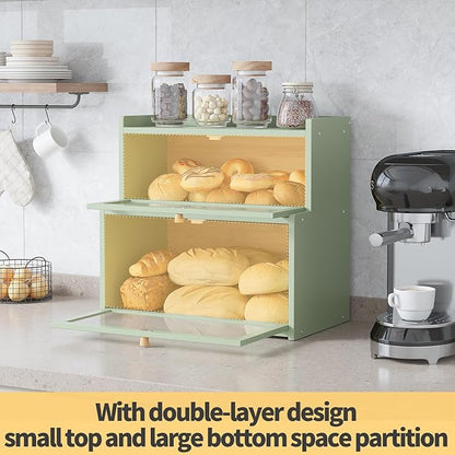 Double Layer Bamboo Bread Box for Kitchen Counter, Countertop Bread Storage Container, Bread Container Bread Storage with Window Bread Holder (Green)