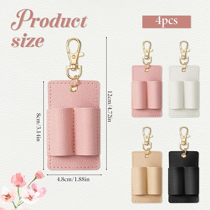 4PCS Lanyard Pen Clip Double Hole Leather Pen Holder, Anti-Lost Badge Pens Holders with Keychain, PU Neck Pens Holder Keychain Portable Badge Reel Tether for Office, Pink Beige Black White