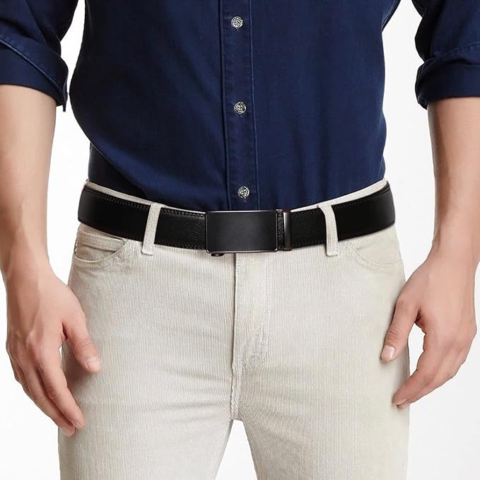 SENDEFN Men's Leather Belt Automatic Ratchet Buckle Slide Belt for Dress Casual Trim to Fit with Gift Box