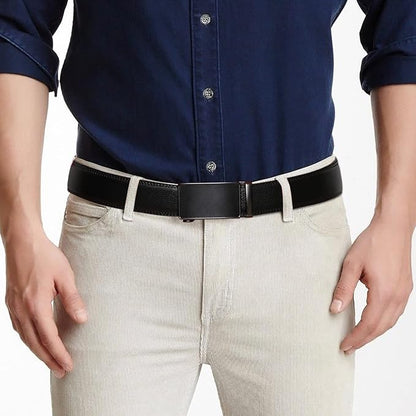 SENDEFN Men's Leather Belt Automatic Ratchet Buckle Slide Belt for Dress Casual Trim to Fit with Gift Box