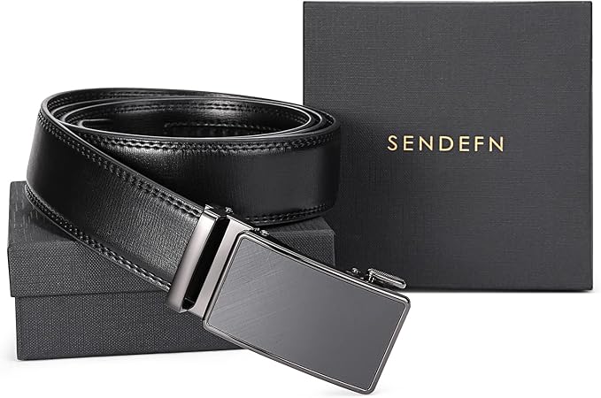 SENDEFN Men's Leather Belt Automatic Ratchet Buckle Slide Belt for Dress Casual Trim to Fit with Gift Box