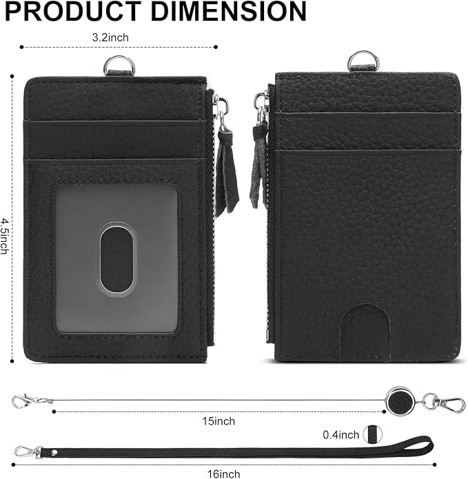 SENDEFN Retractable Badge Holder Wallet, Genuine Leather ID Card Holder with Removable Neck Lanyard Clasp, Five Card Slots, for Office Staff Women