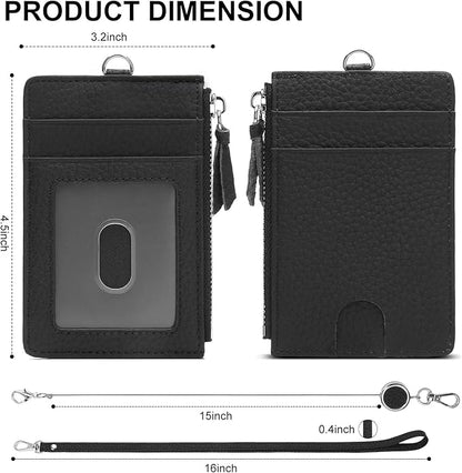 SENDEFN Retractable Badge Holder Wallet, Genuine Leather ID Card Holder with Removable Neck Lanyard Clasp, Five Card Slots, for Office Staff Women