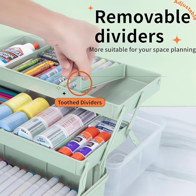 TERGOO 14in 3-Layer Multipurpose Craft Organizers and Storage with Adjustable Dividers, Portable Tackle Box, Folding Art & Craft Case for Medicine, Tool, Sewing Organizer (Haze Green, X-Large)