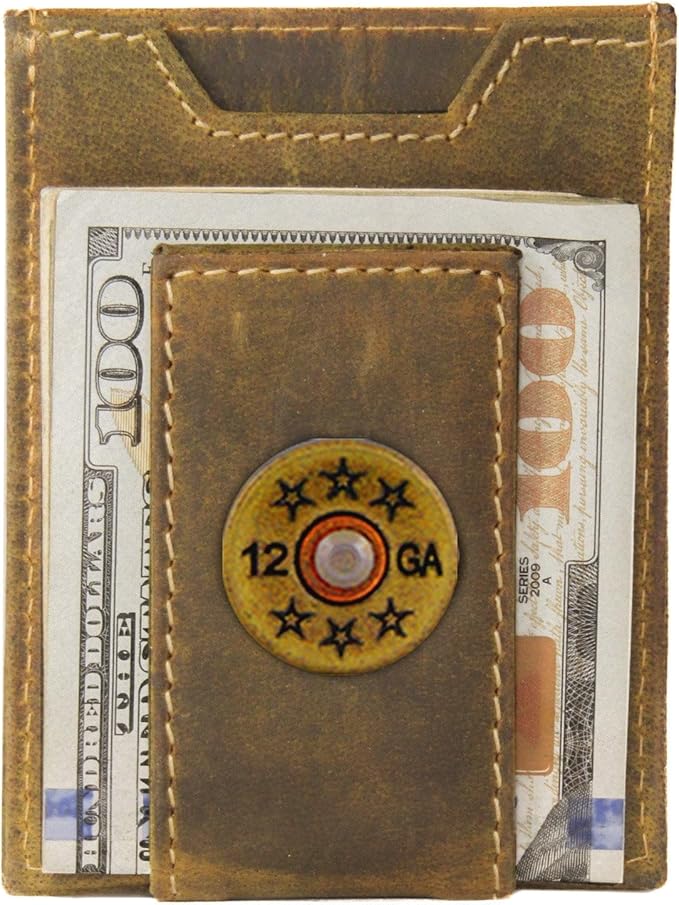 ZEP-PRO Shotshell Vintage Tan Leather Magnetic Front Pocket Wallet, Slim Stylish for Men