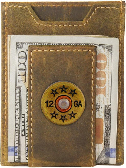 ZEP-PRO Shotshell Vintage Tan Leather Magnetic Front Pocket Wallet, Slim Stylish for Men