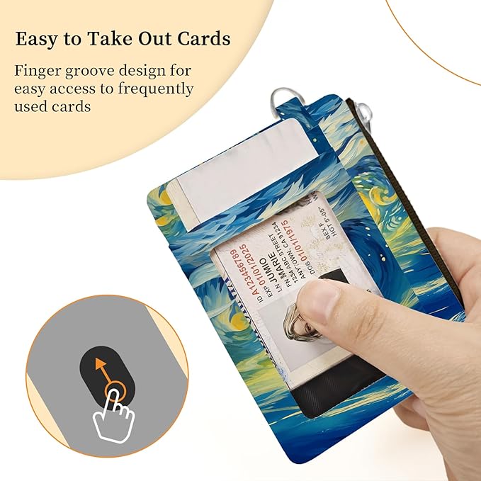 Hancynir Sunflower Starry Night Small Wallet Women Credit Card Holder, Slim RFID Blocking Keychain Card Wallets, Mini Front Pocket PU Leather Thin Travel Zipper Coin Cash Ladies Wallet Organizer Gifts