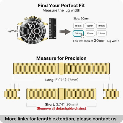 Fullmosa 20mm Stainless Steel Watch Band, Quick Release Metal Replacement Strap with Removable Links, Includes Spring Bars & Link Removal Tool for Men Women (Golden)