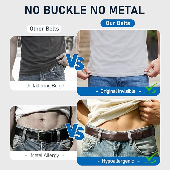 SANSTHS Mechanic Buckless Belts for Men, No Scratch Leather Work Belt Hook & Loop Tsa Belt for Technician Travel Gifts