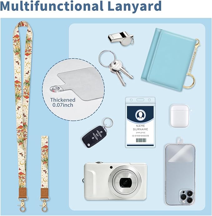Lanyard Wallet with Id Badge Holder, Mushroom RFID Small Keychain Wallet Women Wristlet, Cute Zipper Credit Card Holder Phone Wrist Neck Strap for Key Name Tag, Teacher Student Office Gifts