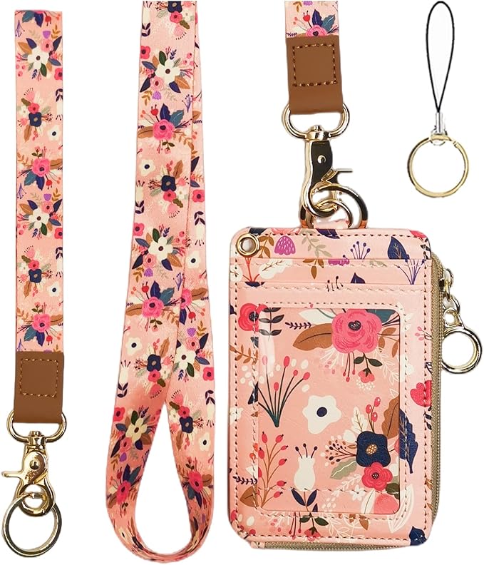 bolimoss Lanyard with Wallet,Zip ID Case with Lanyard,Lanyard Badge Holder,Lanyard Wallet for Women,Fashion Lanyard Wallet, ID Case Wallet with Lanyard（Pink Floral）