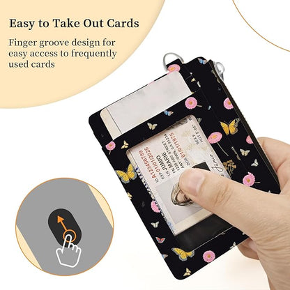 Hancynir Slim Wallet Women Credit Card Holder Butterfly Flowers Night RFID Small Mini Card Case Front Pocket PU Leather Thin Travel Zipper Coin Cash ID Window Girls Wallet Gifts
