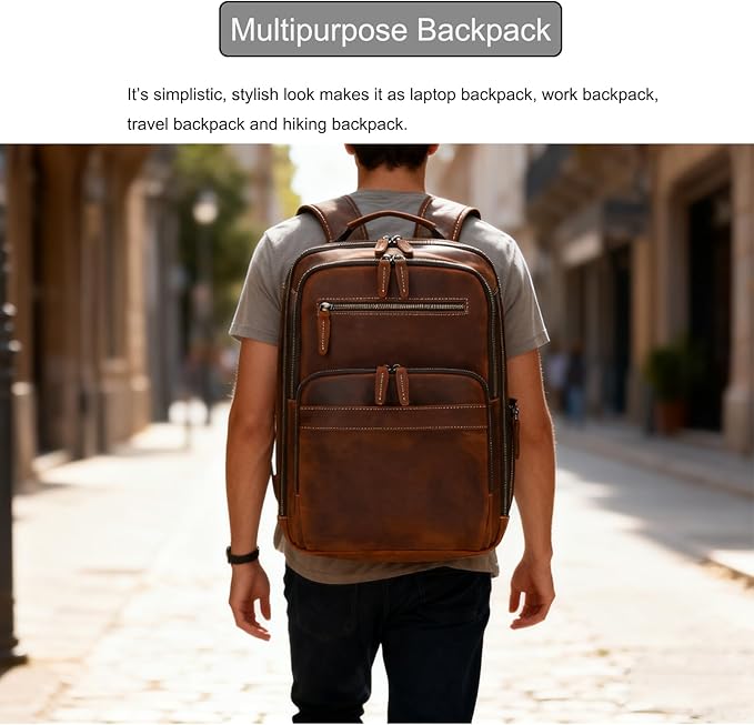 LUUFAN Full-grain Leather Brown Backpack for Men, 15.6 Inch Laptop Shoulder Bag Large Capacity Rucksack Business Daypack Travel Outdoor Bag with Trolley Sleeve