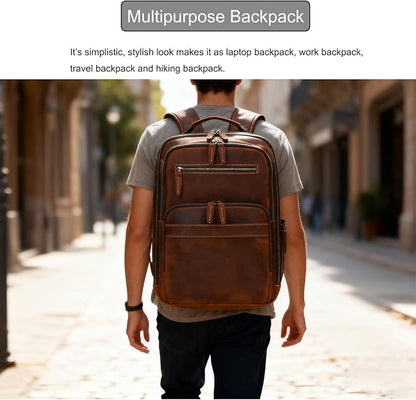 LUUFAN Full-grain Leather Brown Backpack for Men, 15.6 Inch Laptop Shoulder Bag Large Capacity Rucksack Business Daypack Travel Outdoor Bag with Trolley Sleeve