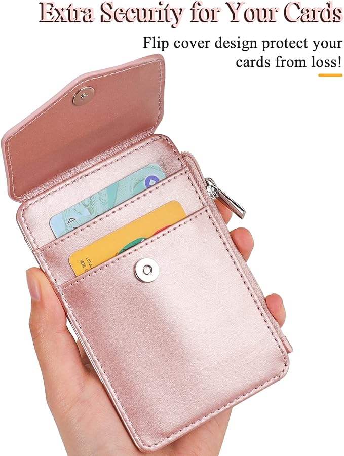 Teskyer Badge Holder with Side Zip Pocket, Multiple Card Slots Leather ID Holder Wallet with Neck Lanyard for Office Staffs, Teachers/Students, Couriers, Workers, Rose Gold