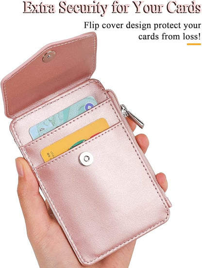 Teskyer Badge Holder with Side Zip Pocket, Multiple Card Slots Leather ID Holder Wallet with Neck Lanyard for Office Staffs, Teachers/Students, Couriers, Workers, Rose Gold