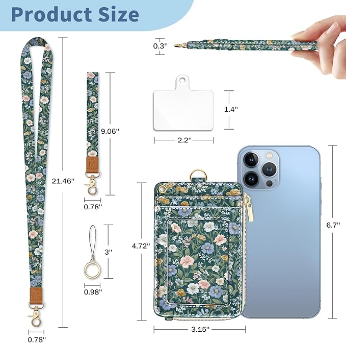 Lanyard Wallet with Id Badge Holder, Floral RFID Small Keychain Wallet Women Wristlet, Cute Zipper Credit Card Holder Phone Wrist Neck Strap for Key Name Tag, Teacher Student Office Gifts