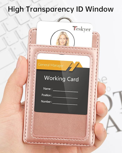 Teskyer Lanyards for ID Badges, Leather ID Badge Holder for Work School IDs, Cruise Ship Cards, Hotel Key Cards, Pass Cards - Rose Gold