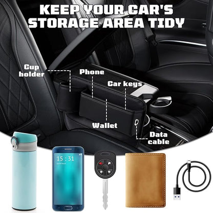 Car Leather Cup Holder Gap Bag, New Car Seat Gap Filler Organizer with Cup Holders, Console Organizer for Phone, Keys and Small Items, Universal Fit Essentials for SUV, Truck & Sedan (2pc)