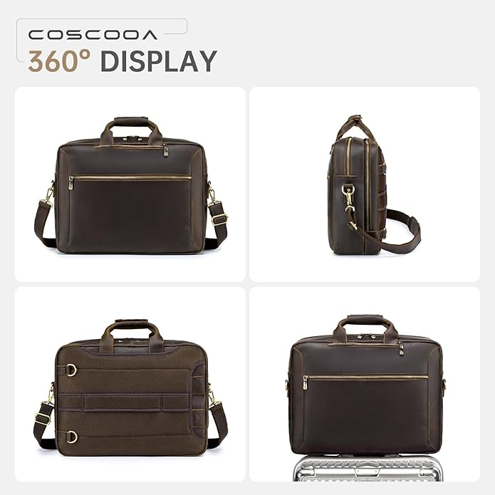 Large Full Grain Leather Briefcase Convertible Backpack For Men Business Travel Case Messenger Bag Fits 17.3" Laptop