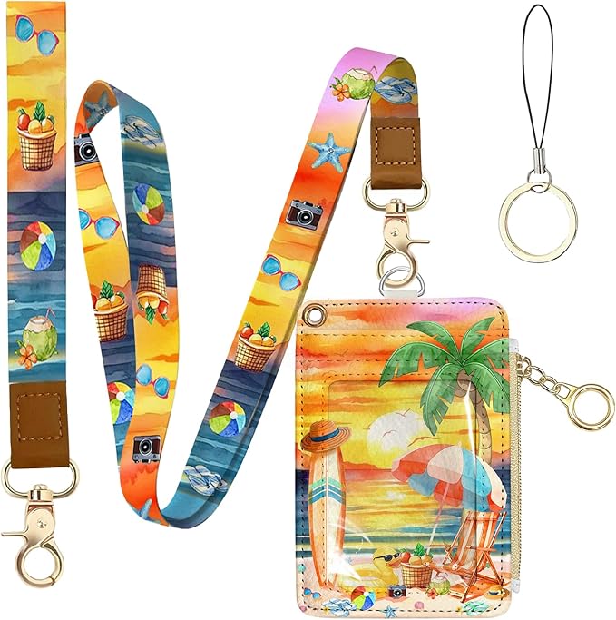Tropical Leather Badge Holder with Zipper Pocket, Beautiful Work Lanyards and 1 Zip Pocket, 4 Card Slots, Breakaway Lanyards with Metal Clasp for Offices, Staff, Adult, Employees