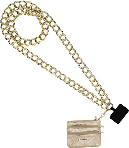 Save the Girls Clip and Go Double Link Chain (Gold - Gold Pouch) – Stylish Phone Lanyard Crossbody with Wallet for Women, Hands-Free Carrying and Adjustable Crossbody Chain Strap