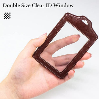 Teskyer 2 Pack of Double Sided Clear Badge Holder with Lanyard, PU Leather ID Badge Name Card Holder with Stainless Steel J-Hook Nylon Lanyard for Work ID, School ID, Metro Card, Access Card, Brown