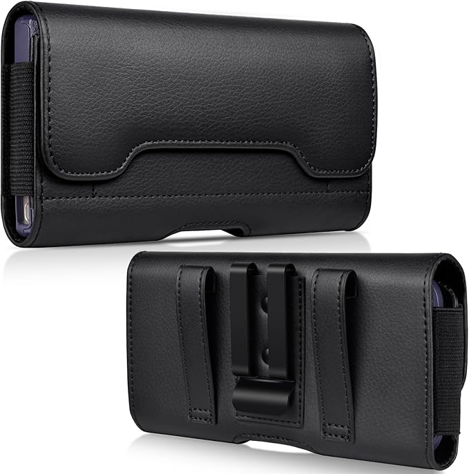 ACCKUO Leather Phone Holster with Strong Metal Belt Clip and Card Holder Compatible with iPhone 17 Air, 16/15/14/13 Pro Max, Galaxy S26/S25/S24/S23/S22 Plus and FE for Everyday Protection, L-Black