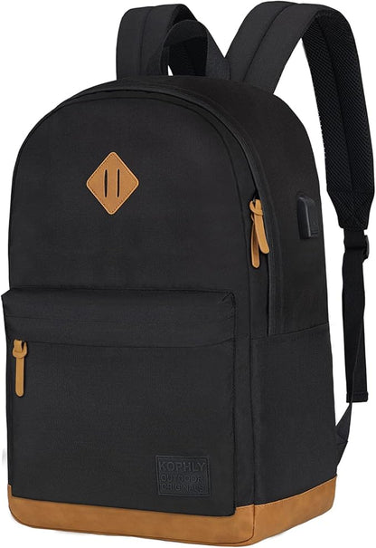 Laptop Backpack with Leather Decoration, USB Charging Port, Classic Backpack for College, Work, Travel(18 Inches/Grey