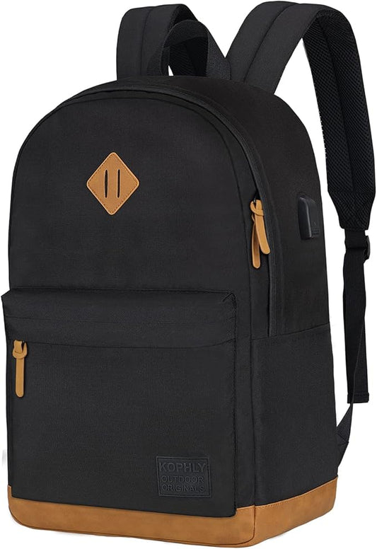 Laptop Backpack with Leather Decoration, USB Charging Port, Classic Backpack for College, Work, Travel(18 Inches/Grey