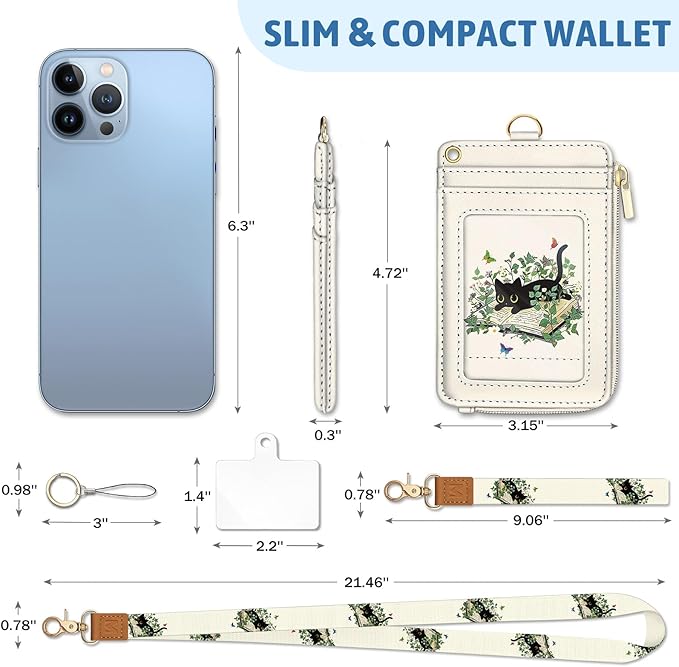Piefly Black Cat Book Lanyard Wallet with ID Badge Holder, Small RFID Wallet Women Keychain Wristlet, Slim Credit Card Holder with Zipper Pocket Phone Lanyard Wrist Strap Name Tag Office Teacher Gift