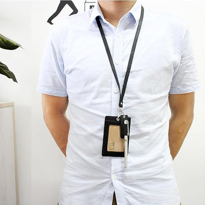 Boshiho Vertical Style Leather ID Card Badge Holder with Heavy Duty Lanyard (Black)