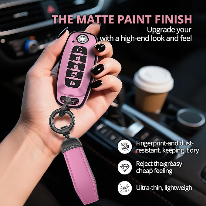 for Nissan Key Fob Cover Accessories- Matte TPU Key Fob Cover with Leather Keychain for 2023 2024 Rogue Pathfinder Versa 2025 Sentra Patrol Armada Smart and More (Iceberry Powder, 5 Buttons)
