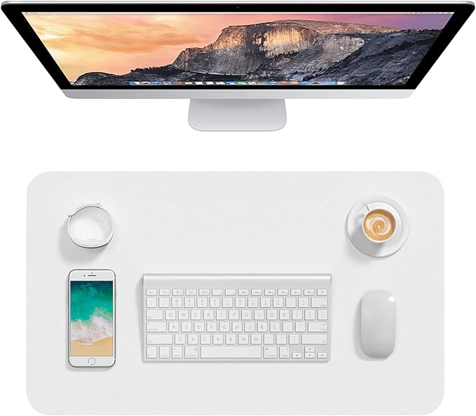 Hsurbtra Desk Pad, 23.6" x 13.8" PU Leather Desk Mat, M Extended Mouse Pad, Waterproof Desktop Blotter Protector, Non-Slip Ultra Thin Small Laptop Keyboard Writing Mat for Office Home, White