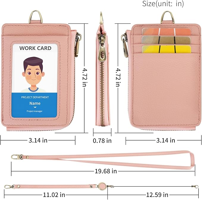 Wason Badge Holder Card Wallet Real Leather with Zipper, Detachable Neck Lanyard, Hand Strap, Retractable Badge Reel, Multi Purpose Case for ID Permit Badge Coin Key Driver's License (Pink)